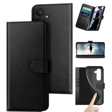 Black leather wallet case for Samsung S25 Plus with card slots and horizontal kickstand.