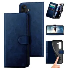 Blue leather Samsung S25 Plus wallet case with magnetic clasp, card slots, and kickstand.