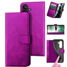 Pink leather wallet case for Samsung S25 Plus with magnetic clasp and horizontal kickstand.