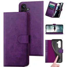 Purple leather wallet case for Samsung S25 Pluswith magnetic clasp and horizontal kickstand.