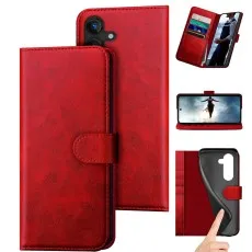 Red leather wallet case for Samsung S25 plus with magnetic clasp and horizontal kickstand.