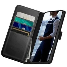 Interior view of a leather flip case showing card storage and a phone in a protective shell.