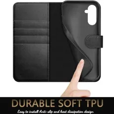 Open leather folio case showing card slots and a durable soft TPU inner phone holder.