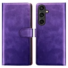Front and back view of a textured purple leather folio case for the Samsung Galaxy S25 FE.