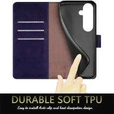 Open purple leather folio for Samsung S25 FE showing three card slots and soft TPU holder.