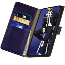 Purple Samsung S25 FE wallet case open to show three card slots and an upright phone.