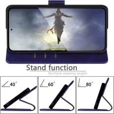 Samsung S25 FE purple leather case in stand mode with 40, 60, and 80-degree viewing angles.