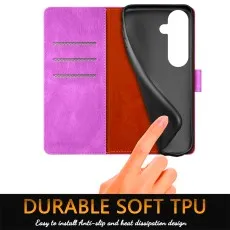 Close-up of the flexible black TPU inner shell and card storage in a pink leather case.
