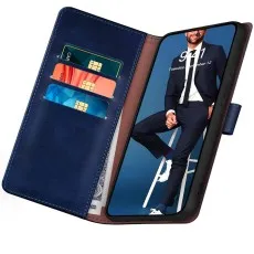 Interior view of a blue leather folio case featuring a card holder and cash pocket.