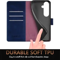 Samsung S25 FE leather wallet interior with anti-slip design and heat dissipation features.