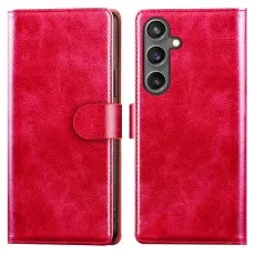 Front and back view of a textured red leather folio case for the Samsung Galaxy S25 FE.