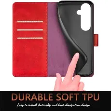 Open red leather folio for Samsung S25 FE showing three card slots and soft TPU holder