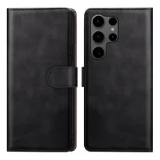 Front and back view of a black leather folio case for the Samsung Galaxy S25 Ultra