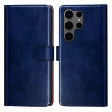 Blue leather S25 Ultra wallet case featuring a magnetic strap and quad-lens camera cutout.