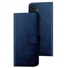 Blue leather Samsung S26 wallet case with magnetic clasp, card slots, and kickstand.