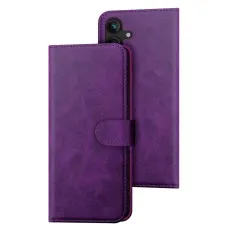 Purple leather wallet case for Samsung S26 with magnetic clasp and horizontal kickstand.