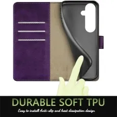 Open purple leather folio for Samsung S26 showing three card slots and soft TPU holder.