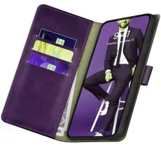 Samsung S26 purple leather case in stand mode with 40, 60, and 80-degree viewing angles.
