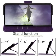 Samsung S26 purple leather case in stand mode with 40, 60, and 80-degree viewing angles.