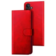 Red leather wallet case for Samsung S26 with magnetic clasp and horizontal kickstand.