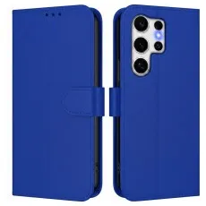 Blue leather flip cover for Samsung S26 with precise 5-lens camera cutout