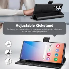 Adjustable kickstand on a Samsung S26 leather case providing multiple angles for media viewing.