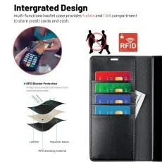 Black leather wallet case for Samsung S26 showing integrated card storage and RFID tech..