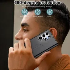 Side profile of a man using a Samsung S26 in a scratch-resistant black leather wallet case.