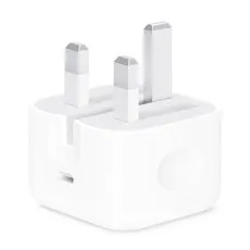 Apple USB-C wall charger featuring a compact 3-pin UK mains plug for fast charging.