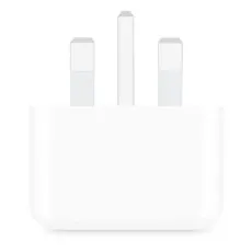 Front view of a white Apple USB-C power adapter with a 3-pin UK electrical plug.
