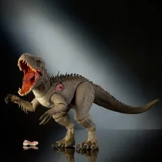 Full-body view of Hammond Collection Indominus Rex figure roaring with exposed battle damage.