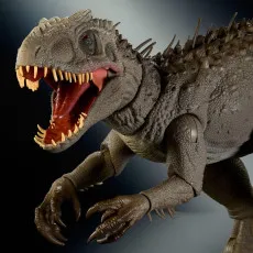 Close-up profile of Jurassic World Hammond Collection Indominus Rex figure with open jaw.
