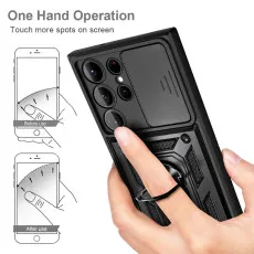 Samsung S23 Plus Ring Case UK Cover Heavy Duty Shockproof with Slide Camera Protective Case Cover-Black