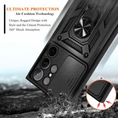 Samsung S23 Plus Ring Case UK Cover Heavy Duty Shockproof with Slide Camera Protective Case Cover-Black