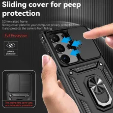 Samsung S23 Ring Case with Slide Camera Cover Heavy Duty Shockproof Protective Case Cover-Black