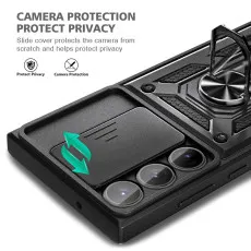 Samsung S23 Ring Case with Slide Camera Cover Heavy Duty Shockproof Protective Case Cover-Black
